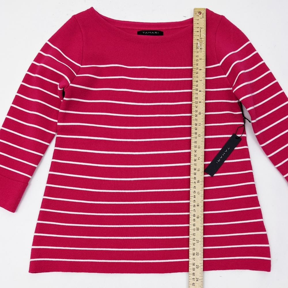 Tahari Sweater NWT Boatneck Stripe Sweater XS Fuschia Pink 3/4 Sleeve - Picture 4 of 7